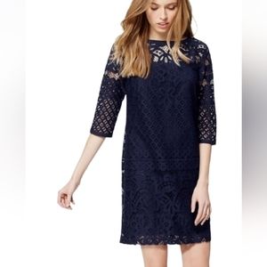 Chic & Trendy LOFT Navy Blue Lace Sheath Dress 3/4 Sleeves Size 2